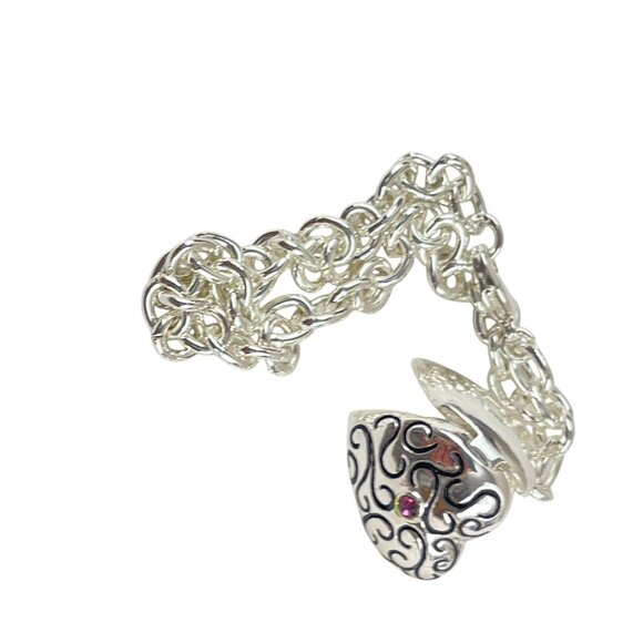 Silver-Plated Heart Locket Bracelet With Intricate Swirl Design Ruby Accent - Picture 5 of 5
